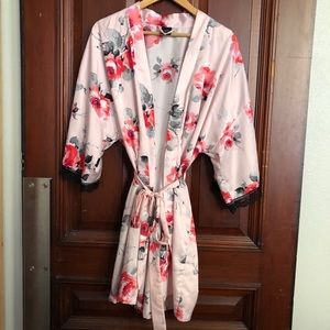 Floral Silk Robe with Lace Sleeves